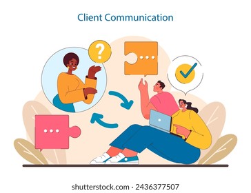 Client Communication in IT project management. Demonstrates active engagement and dialogue between project teams and clients, ensuring clarity and mutual understanding. Flat vector illustration.