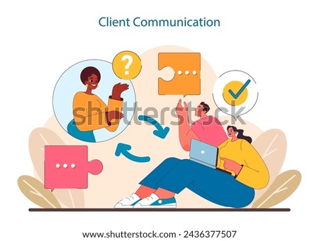 Client Communication in IT project management. Demonstrates active engagement and dialogue between project teams and clients, ensuring clarity and mutual understanding. Flat vector illustration.
