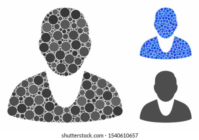 Client composition of filled circles in variable sizes and shades, based on client icon. Vector filled circles are united into blue composition. Dotted client icon in usual and blue versions.