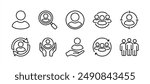 Client, consumer, user, human, people, employee thin line icon vector set. Containing human resource, searching, target, care, update or progress, group, team, leadership, teamwork, recruitment