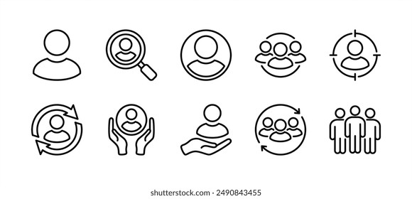 Client, consumer, user, human, people, employee thin line icon vector set. Containing human resource, searching, target, care, update or progress, group, team, leadership, teamwork, recruitment