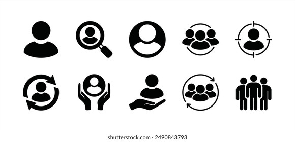 Conjunto de iconos de cliente, consumidor, usuario, humano, persona y empleado. Conteniendo recursos humanos, búsqueda, objetivo, atención, Actualizar o progreso, grupo, equipo, dirección, trabajo en equipo, reclutamiento. Ilustración vectorial