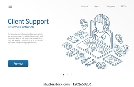 Client, customer support center, contact us isometric line illustration. Call service, help desk, business communicate technology sketch drawn icons. 3d vector background. Operator web connect concept