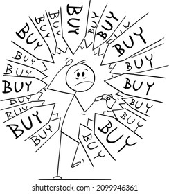 Client or customer under pressure to buy something, arrows pointing at him, vector cartoon stick figure or character illustration.