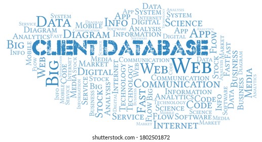 Client Database vector word cloud, made with text only.