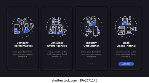Client defense onboarding mobile app page screen with concepts. Firm official, claim tribunal walkthrough 4 steps graphic instructions. UI, UX, GUI vector template with linear night mode illustrations