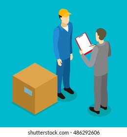 Client delivery isometric composition with courier businessperson and big carton on blue background vector illustration