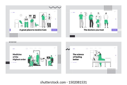 Client in Dentist Office, Disabled People, Patient Lying t in Hospital Chamber Website Landing Page Set. Senior People Waiting Appointment in Hall. Web Page Banner. Cartoon Flat Vector Illustration