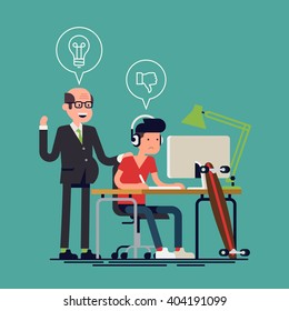 Client and designer working on project cool vector concept illustration. Client giving feedback on designer work process. Unhappy designer dislikes client's ideas. Criticism and feedback in freelance