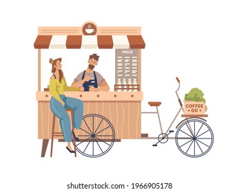Client drinking, barista making coffee in mobile bike kiosk isolated small takeout takeaway shop. Vector trolley small market on wheels with hot drinks and beverages, street food cart with awning