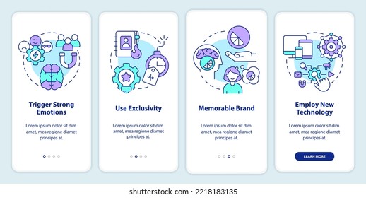 Client emotions and improving experience onboarding mobile app screen. Walkthrough 4 steps editable graphic instructions with linear concepts. UI, UX, GUI template. Myriad Pro-Bold, Regular fonts used