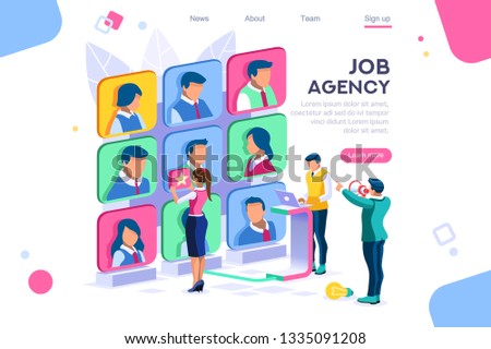 Client employee job agency character hire group contract social employer. Flat color icons, creative illustrations, isometric infographic images, web banner - Vector