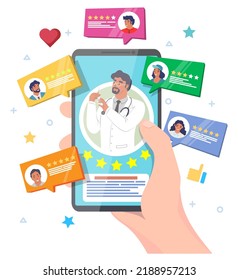 Client evaluating doctors work online ranking vector. Patient leaves positive review illustration. Mobile phone in human hand cartoon design. Customer feedback rating. Medicine and healthcare concept