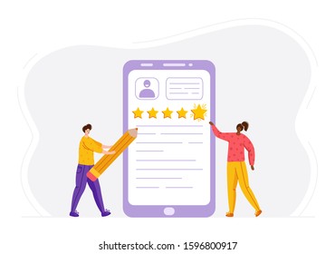 Client feedback concept, african american women and man with pencil, customers review and feedback, online service evaluation. flat miniature people and huge phone screen and rating stars, Vector