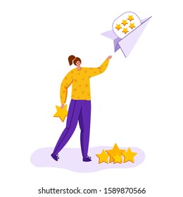 Client feedback concept, girl sending her review or feedback on paper plane, service evaluation, happy customer with rating scale stars, flat modern style, female character on white - Vector