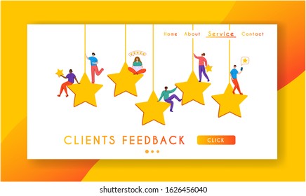 Client feedback concept landing page, tiny people and giant rating stars, web banner with place for text, sending customers review and feedback, online service evaluation. flat caracters, Vector