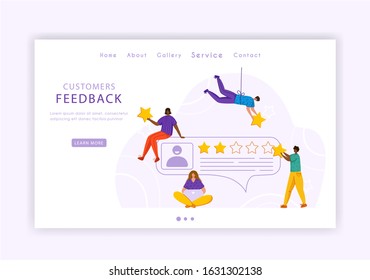 Client feedback concept landing page, miniature tiny people and rating stars, web banner with place for text, sending customers review and feedback, service evaluation. flat people caracters, Vector