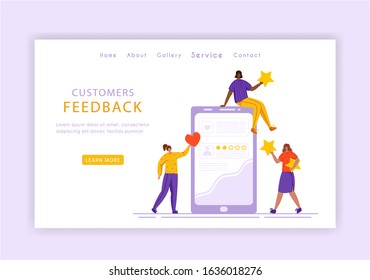 Client feedback concept landing page template, miniature tiny girls and giant phone, web banner with place for text, customers review and feedback, service evaluation. flat people caracters, Vector