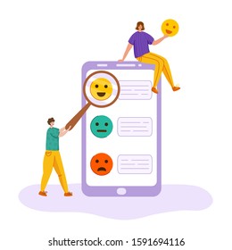 Client feedback concept, man and girl with magnifying glass show happy smile, customers review and feedbacks, online service evaluation. flat miniature people and giant phone screen, smiles - Vector