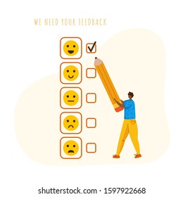 Client feedback concept, miniature man with giant pencil put a tick opposite happy smile, customers review and feedbacks, online service evaluation. flat tiny guy and emotional smiles - Vector