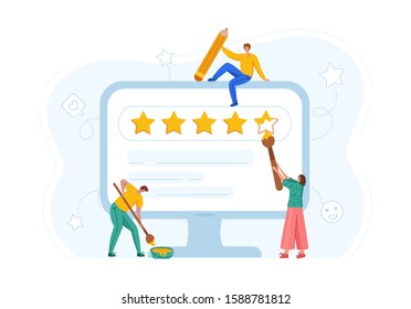 Client feedback concept - people painting rating stars on computer screen, online service evaluation, customers review, flat miniature men and women with huge monitor and feedback stars - Vector