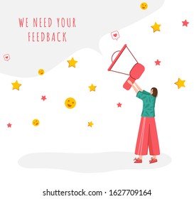 Client feedback concept, tiny girl with giant bullhorn and copy space, web banner with place for text, sending customers review and feedback, online service evaluation. flat people caracters, Vector