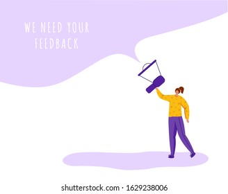 Client feedback concept, tiny girl with giant bullhorn and copy space, web banner with place for text, sending customers review and feedback, online service evaluation. flat people caracters, Vector