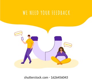 Client feedback concept, tiny man and woman with giant magnet and device, copy space - web banner with place for text, customers review and feedback, service evaluation. flat people caracters, Vector
