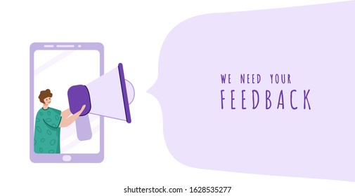 Client feedback concept, tiny man with giant bullhorn, phone and copy space, place for text, sending customers review and feedback, online service evaluation. flat modern people caracters, Vector