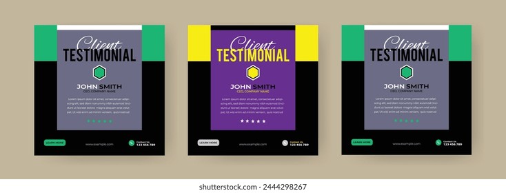 Client feedback or customer testimonial social media post design template. Client testimonial or Customer feedback social media banner template. Customer review banner set. Testimonial banner design.