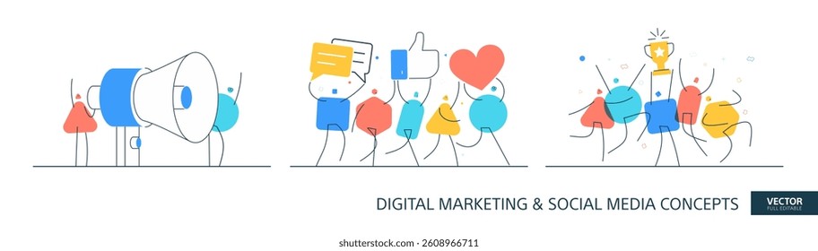 Client feedback illustrations set in thin line style. Public review abstract linear vector design concepts. Social survey flat icons. Tiny geometric people team.