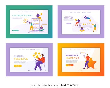 Client feedback landing page set - tiny people and giant rating stars, gadgets, web banner with copy space, customers review and feedback, online service evaluation. flat cartoon caracters, Vector