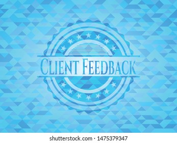 Client Feedback light blue emblem with triangle mosaic background