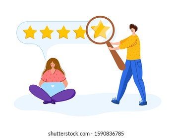 Client feedback - miniature people with laptop, magnifying glass searching feedback, customers review concept or online service evaluation, vector character with gadget, flat people and rating stars