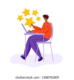 Client feedback or review concept, african american man working with laptop and holding huge star for feedback, online service evaluation, flat modern people, rank and rating scale stars, Vector