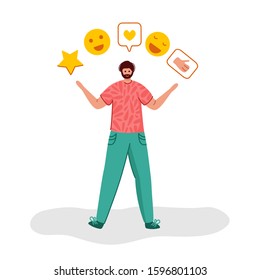 Client feedback or review concept, happy beard guy holding stars, smiles, likes and giving feedback, online service evaluation for customers, flat people and rating star, Vector