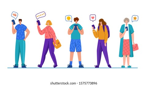 Client feedback or review concept, online service evaluation, happy customers with mobile phones and gadgets, flat modern people and rank and rating scale stars, smiles, likes, men and women, Vector