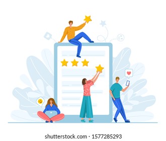 Client feedback or review concept and online service evaluation, happy customers. flat miniature people and huge computer monitor with rank and rating scale stars, men and women characters, Vector