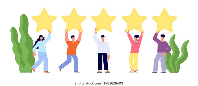 Client feedback review. Goods reviews, customers popular service. People ranking stars, woman man rate. Best quality rank utter vector concept