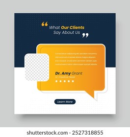 Client feedback review or client testimonial social media post template or web banner design, Customer feedback review or client testimonial design, client testimonial comment or quote square design.