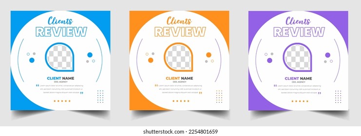 Klienten Feedback Social Media Post Banner Set. Feedback des Kunden Referenzen Social Media Post Web-Banner-Vorlage. Client-Referenzen Social Media Post Banner Design-Vorlage.