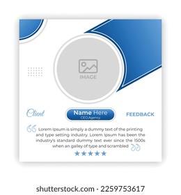 Client feedback social media post or web banner design template with blue gradient color shape, customer satisfaction rating website rating testimonials and reviews ideas on customer service