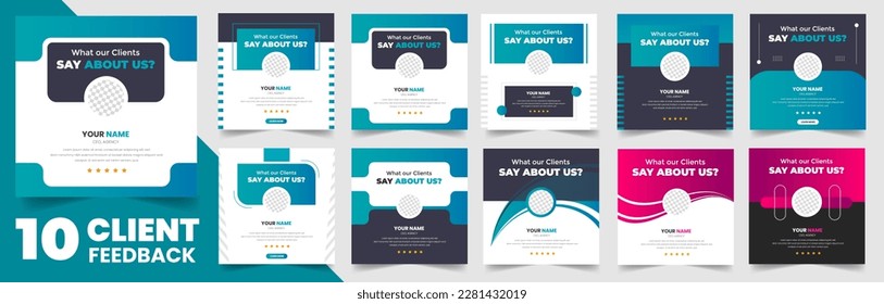 comentarios de los clientes conjunto de banners para publicaciones en medios sociales. Comentarios de los clientes sobre el paquete de plantillas de banner de redes sociales publicadas en páginas web. testimonios de los clientes plantilla de diseño de anuncios en redes sociales.