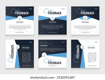 Client feedback social media post bundle carousel template design. Clean and modern client testimonial banner set template. Customer review or rating template