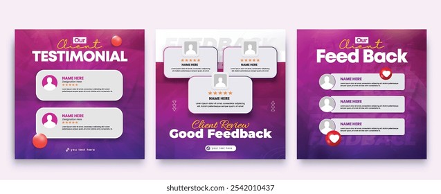 Client feedback social media post template. Customer feedback testimonial social media post web banner bundle design.