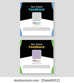 Client feedback social media post banner template. Customer feedback testimonial social media post web banner template. client testimonials social media post banner bundle design. 