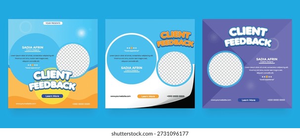 Client feedback social media post banner template. Customer feedback testimonial social media post
web banner template. client testimonials social media post banner bundle design.
