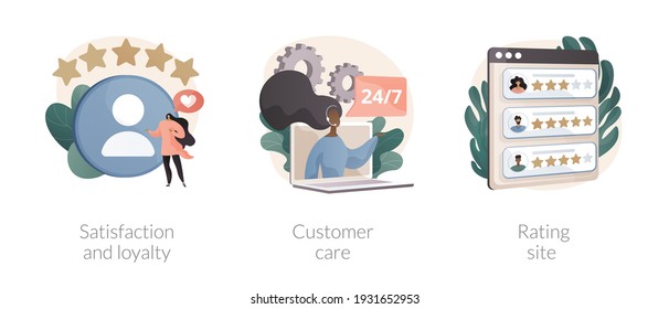 Client feedback tracking abstract concept vector illustration set. Satisfaction and loyalty, customer care, rating site, online tech support, product review page, marketing tool abstract metaphor.