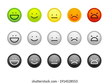 Client feedback vector illustration. Customer satisfaction scale emoji. Mood indicator with emotion measurement from happy to angry. Bright colourful gradient versions: bright, light grey and black.