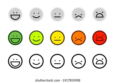 Client feedback vector illustration. Customer satisfaction scale emoji. Mood indicator with emotion measurement from happy to angry. Flat design: bright, light grey and line